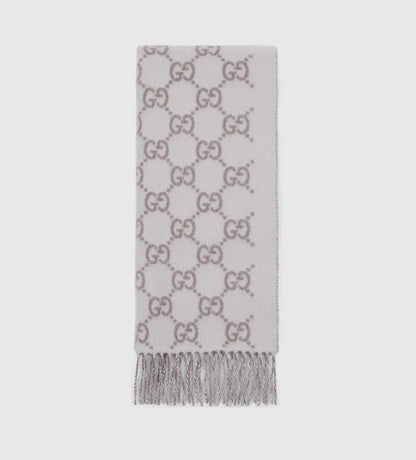 Bonnet et Écharpe en jacquard de cachemire GG ivoire et gris clair