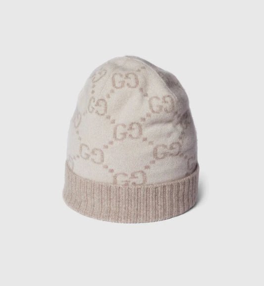 Bonnet et Écharpe en jacquard de cachemire GG blanc cassé et beige