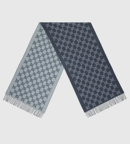 Bonnet et Écharpe en jacquard de cachemire GG bleu marine et bleu clair