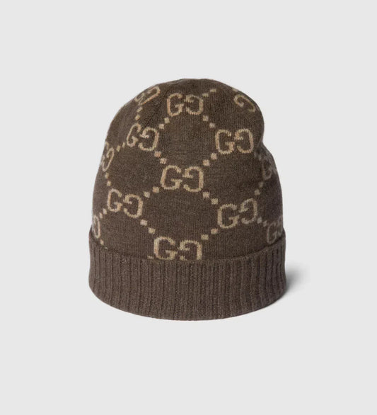 Bonnet et Écharpe en jacquard de cachemire GG marron et beige