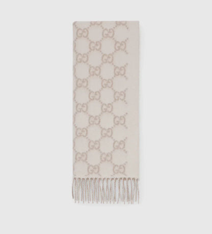 Bonnet et Écharpe en jacquard de cachemire GG blanc cassé et beige
